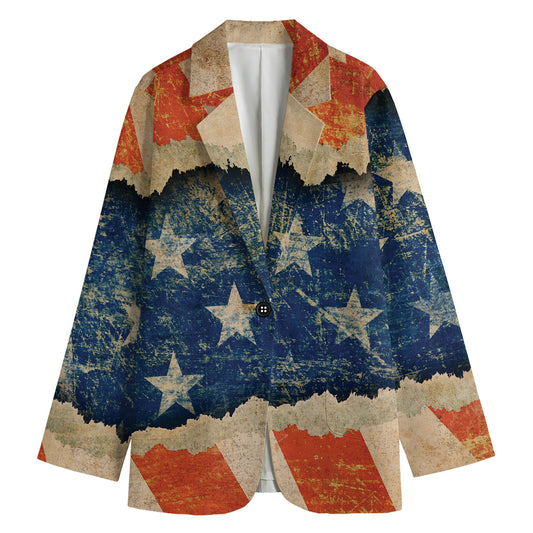 Grunge Ripped Paper American Flag Print Women's Cotton Blazer