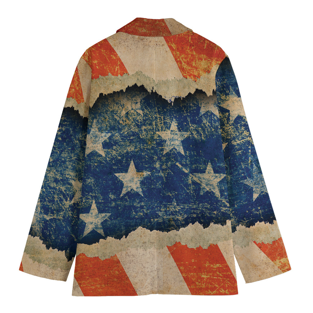 Grunge Ripped Paper American Flag Print Women's Cotton Blazer