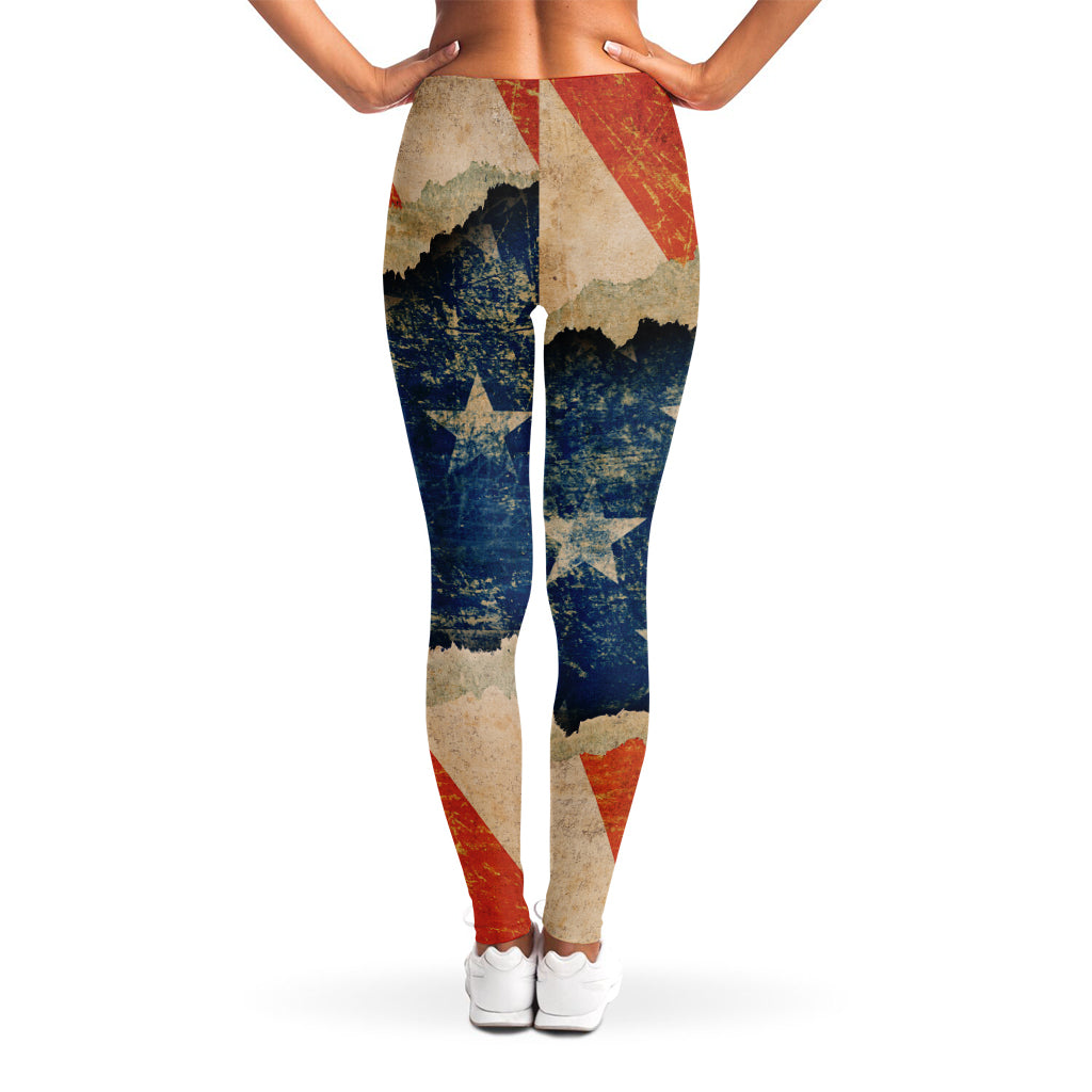 Grunge Ripped Paper American Flag Print Women's Leggings