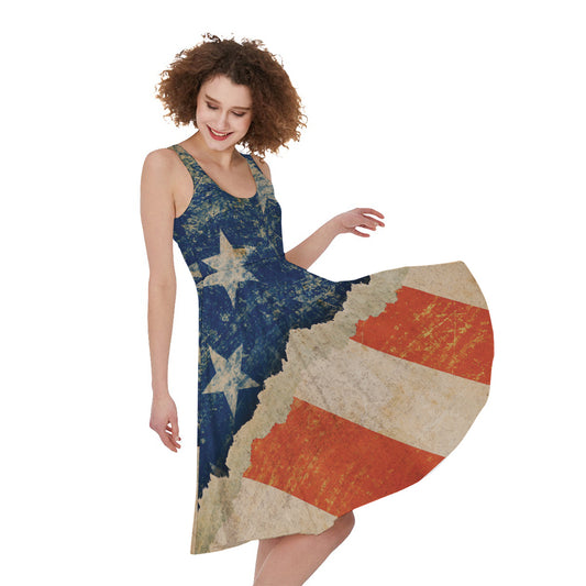 Grunge Ripped Paper American Flag Print Women's Sleeveless Dress
