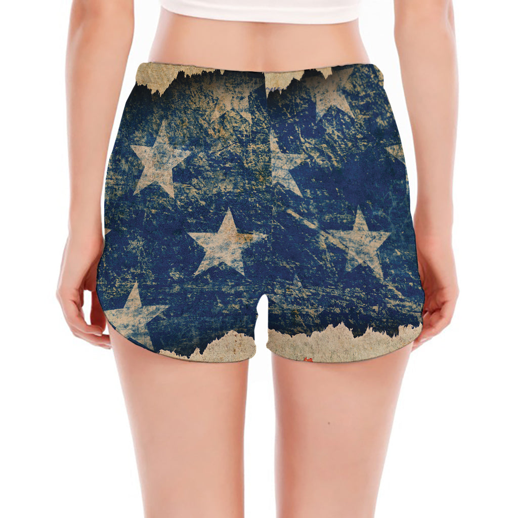 Grunge Ripped Paper American Flag Print Women's Split Running Shorts