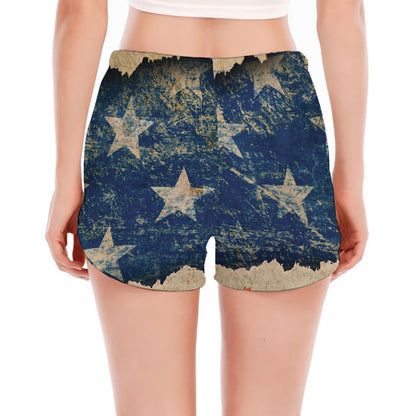 Grunge Ripped Paper American Flag Print Women's Split Running Shorts