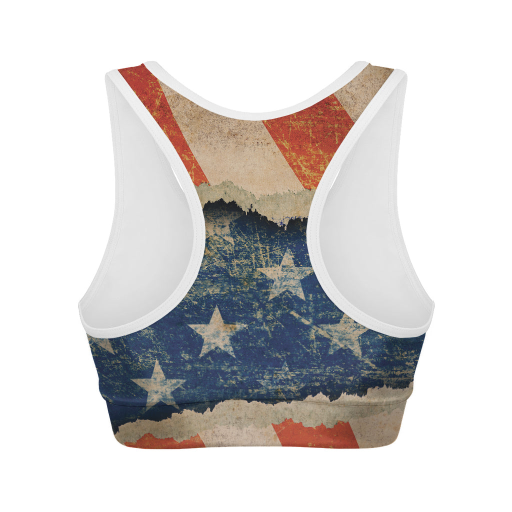 Grunge Ripped Paper American Flag Print Women's Sports Bra