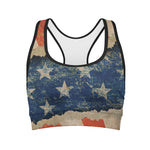 Grunge Ripped Paper American Flag Print Women's Sports Bra