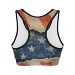 Grunge Ripped Paper American Flag Print Women's Sports Bra