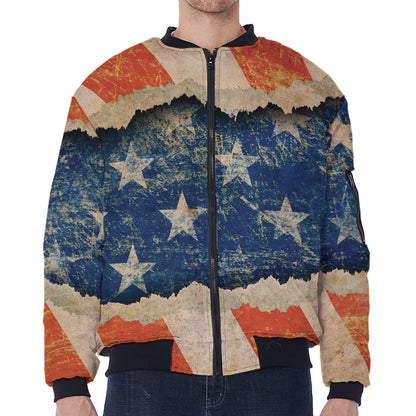 Grunge Ripped Paper American Flag Print Zip Sleeve Bomber Jacket