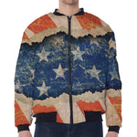 Grunge Ripped Paper American Flag Print Zip Sleeve Bomber Jacket