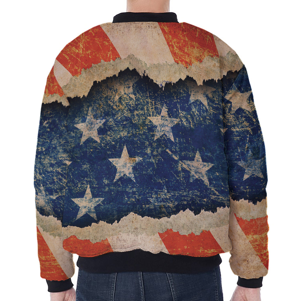 Grunge Ripped Paper American Flag Print Zip Sleeve Bomber Jacket