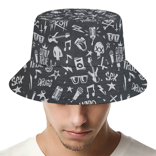 Grunge Rock And Roll Pattern Print Bucket Hat