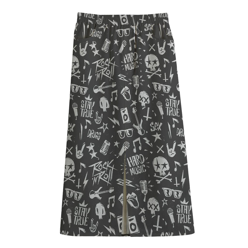 Grunge Rock And Roll Pattern Print Cotton Front Slit Maxi Skirt