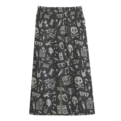 Grunge Rock And Roll Pattern Print Cotton Front Slit Maxi Skirt