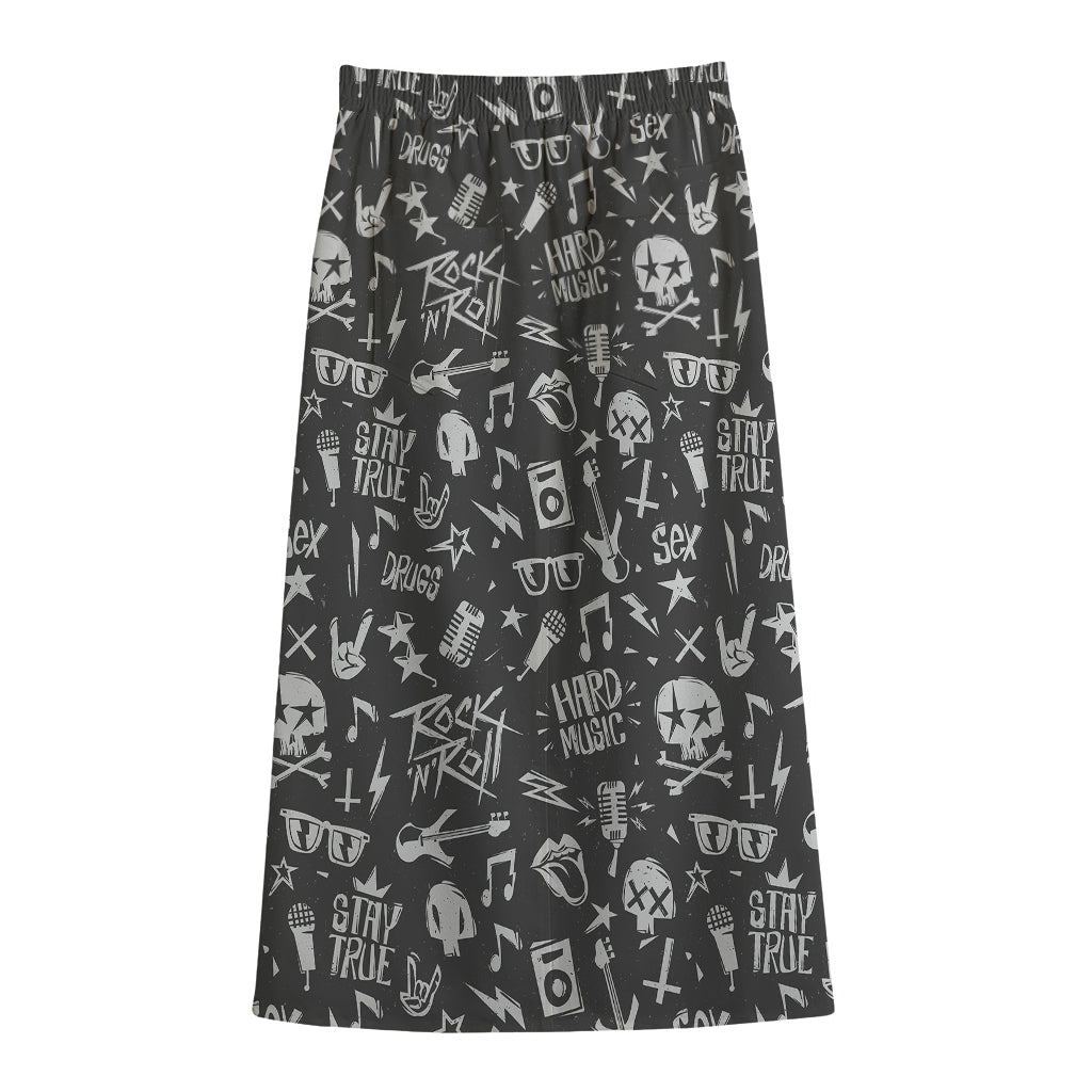 Grunge Rock And Roll Pattern Print Cotton Front Slit Maxi Skirt