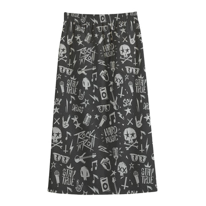 Grunge Rock And Roll Pattern Print Cotton Front Slit Maxi Skirt