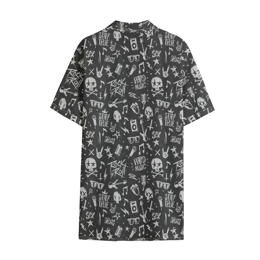 Grunge Rock And Roll Pattern Print Cotton Hawaiian Shirt