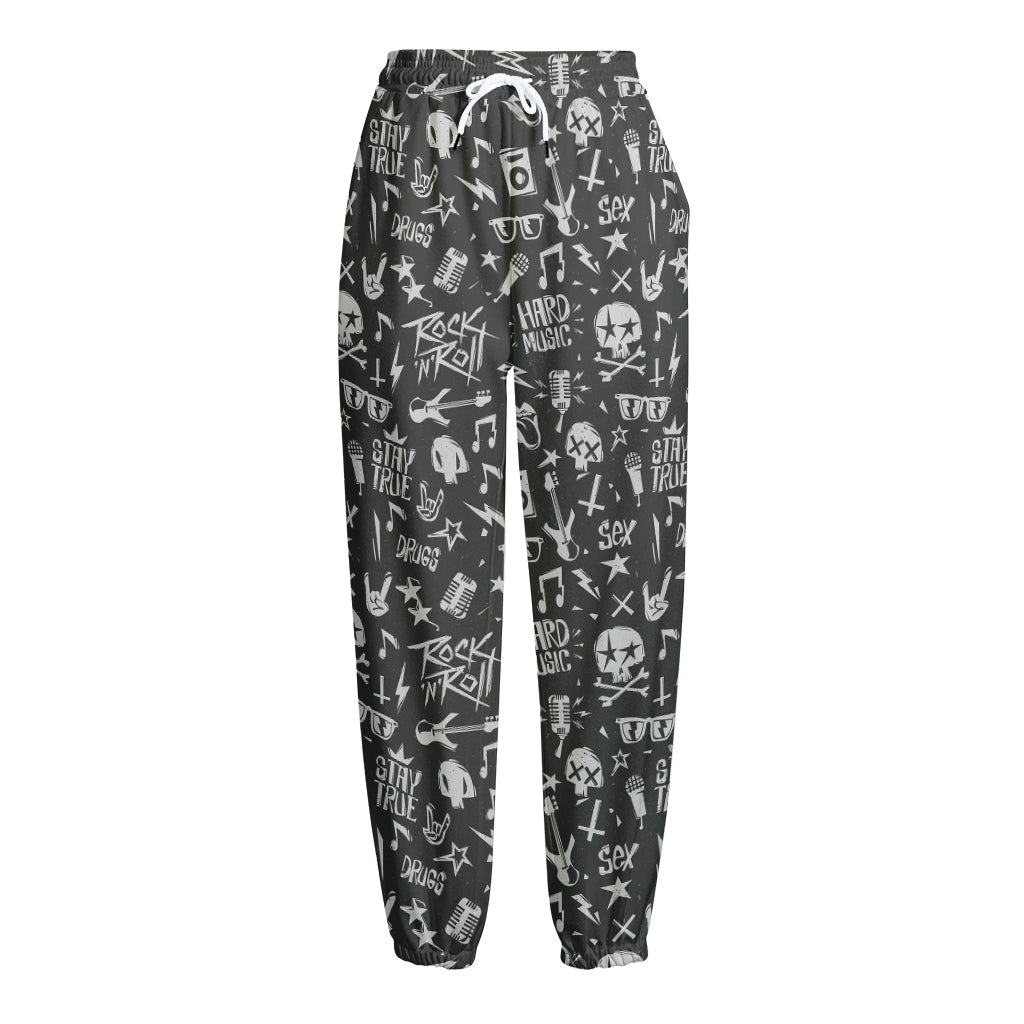 Grunge Rock And Roll Pattern Print Fleece Lined Knit Pants