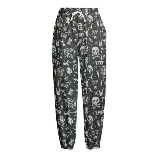 Grunge Rock And Roll Pattern Print Fleece Lined Knit Pants