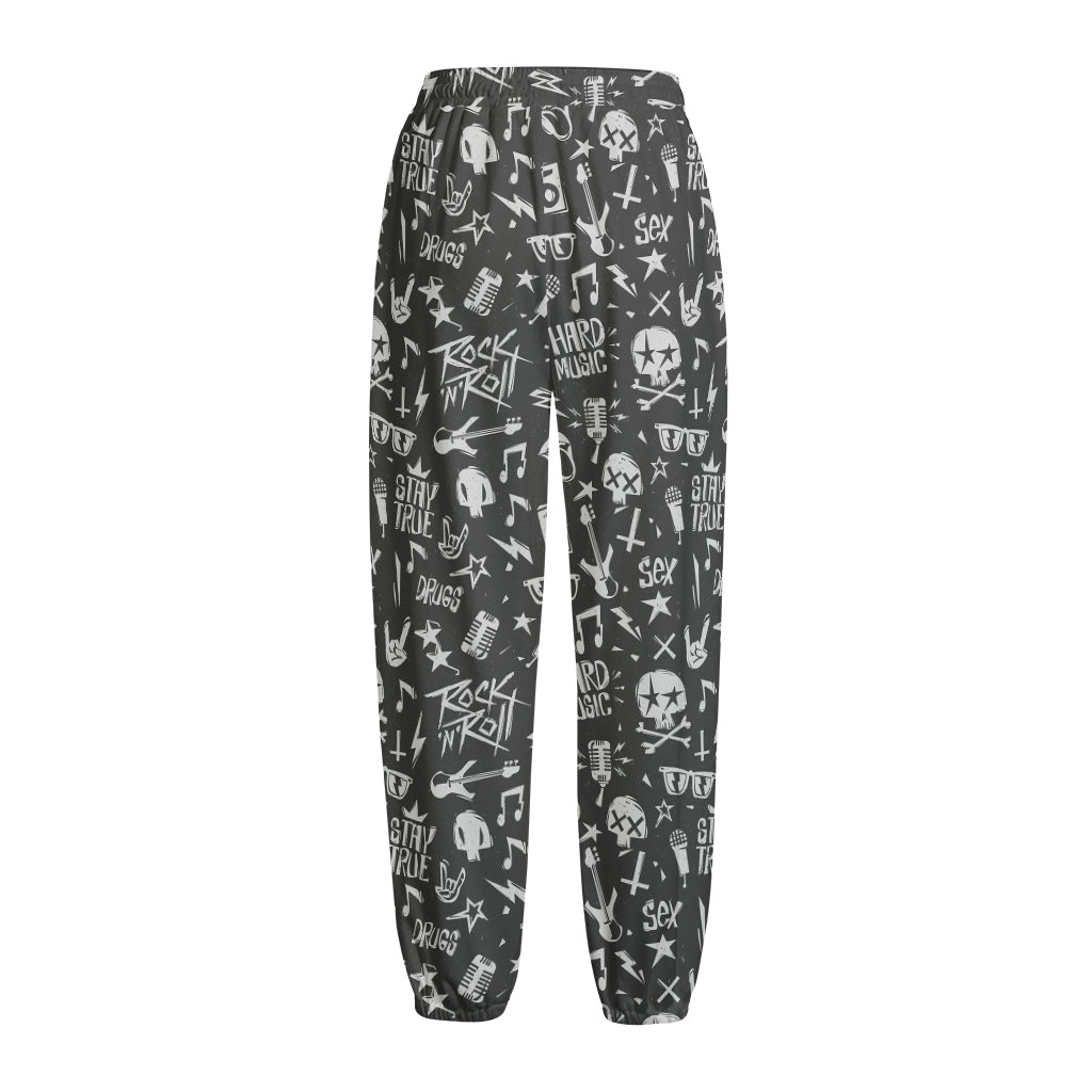 Grunge Rock And Roll Pattern Print Fleece Lined Knit Pants