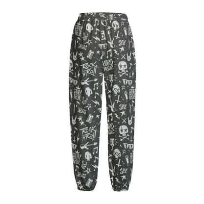 Grunge Rock And Roll Pattern Print Fleece Lined Knit Pants