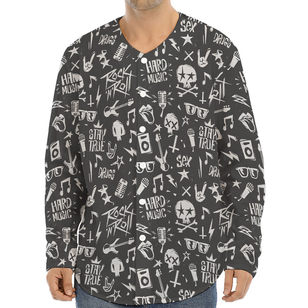 Grunge Rock And Roll Pattern Print Long Sleeve Baseball Jersey