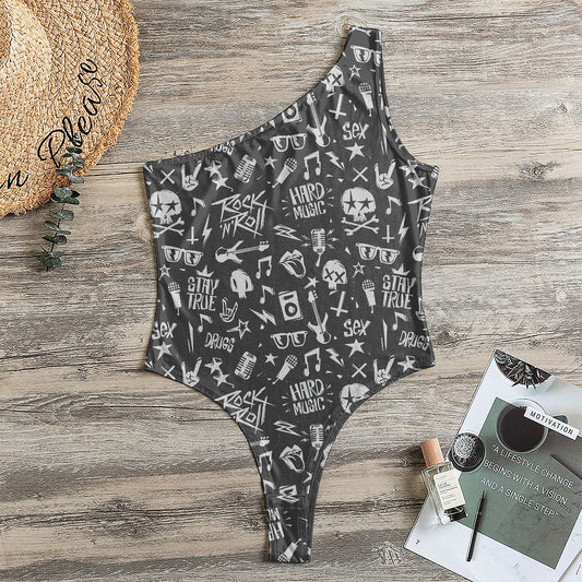 Grunge Rock And Roll Pattern Print One Shoulder Bodysuit