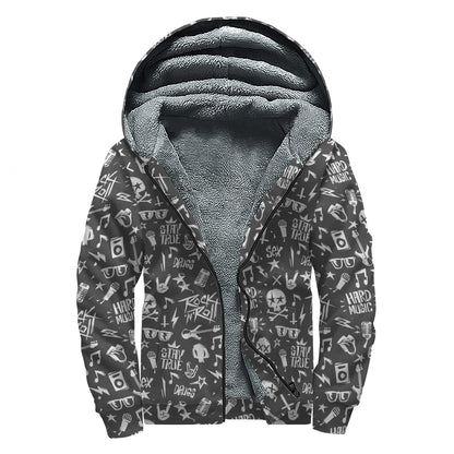 Grunge Rock And Roll Pattern Print Sherpa Lined Zip Up Hoodie