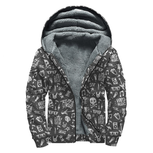 Grunge Rock And Roll Pattern Print Sherpa Lined Zip Up Hoodie