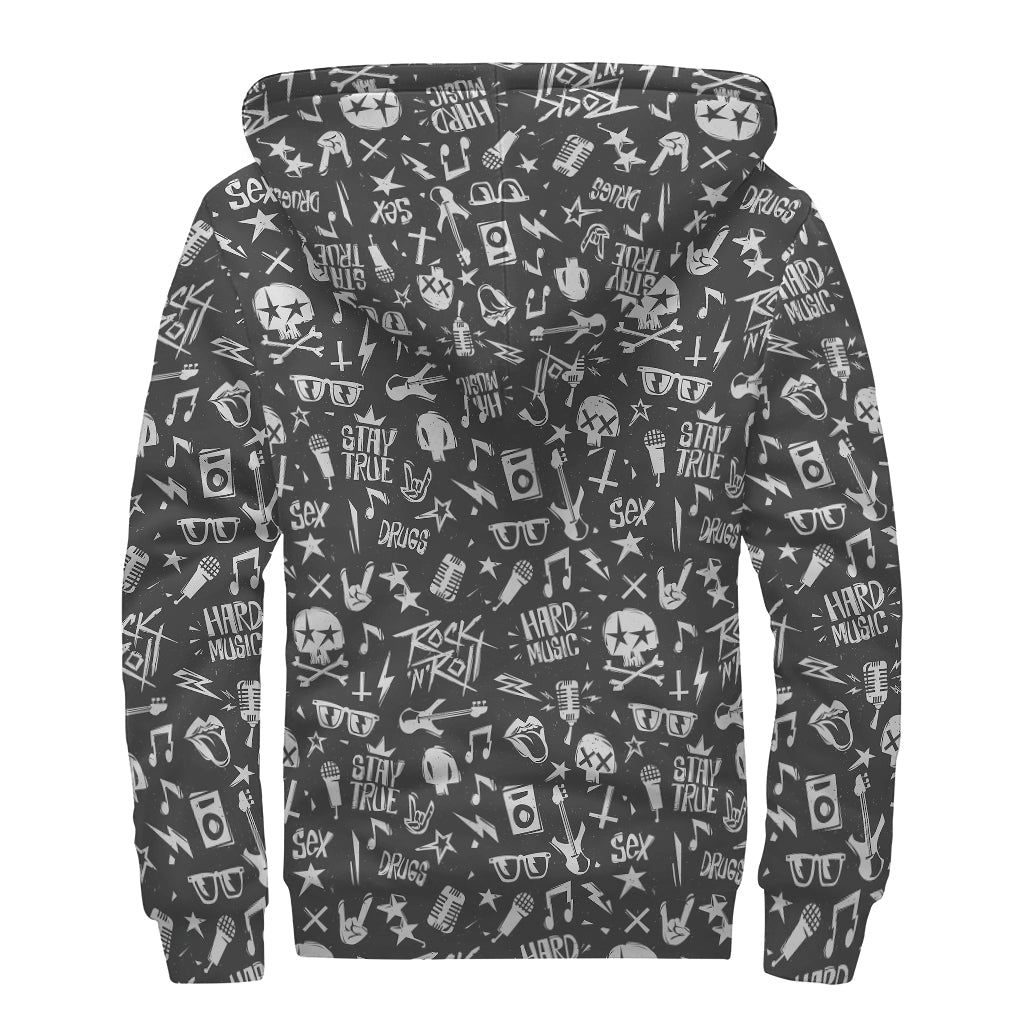 Grunge Rock And Roll Pattern Print Sherpa Lined Zip Up Hoodie