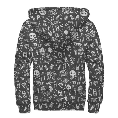Grunge Rock And Roll Pattern Print Sherpa Lined Zip Up Hoodie