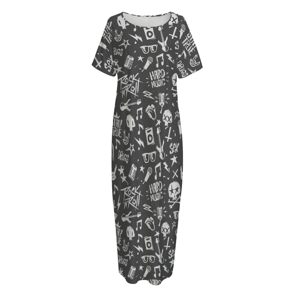 Grunge Rock And Roll Pattern Print Short Sleeve Long Nightdress