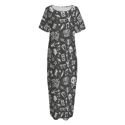 Grunge Rock And Roll Pattern Print Short Sleeve Long Nightdress
