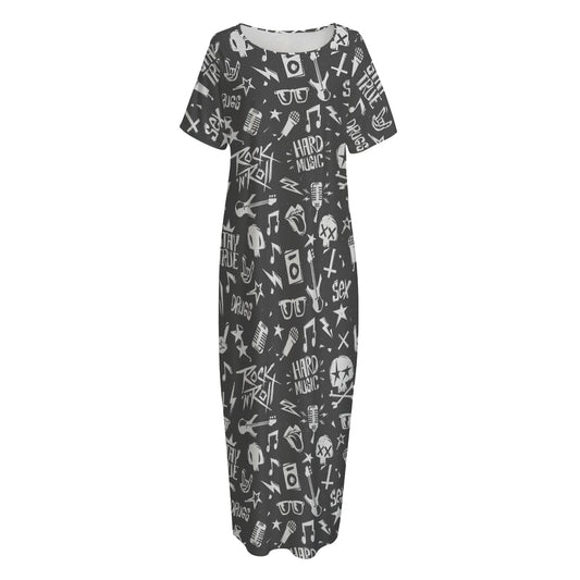 Grunge Rock And Roll Pattern Print Short Sleeve Long Nightdress