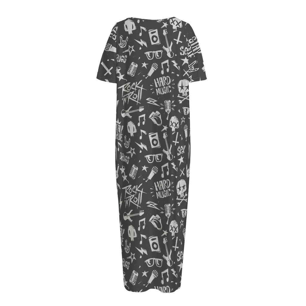 Grunge Rock And Roll Pattern Print Short Sleeve Long Nightdress