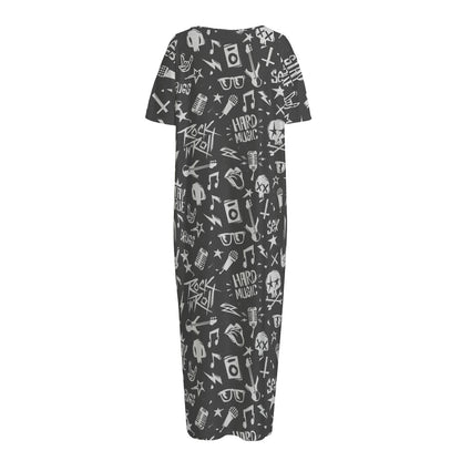 Grunge Rock And Roll Pattern Print Short Sleeve Long Nightdress