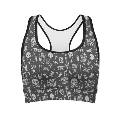 Grunge Rock And Roll Pattern Print Women's Sports Bra