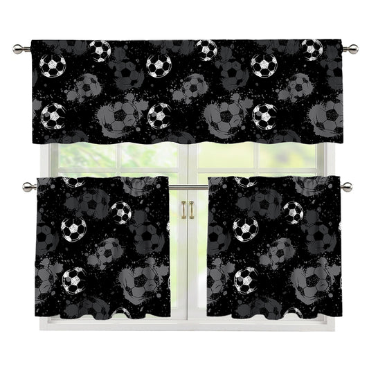 Grunge Soccer Ball Pattern Print 3 Piece Kitchen Curtains