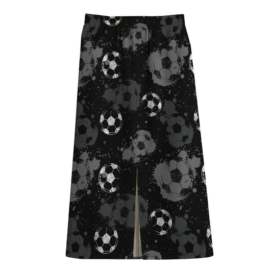 Grunge Soccer Ball Pattern Print Cotton Front Slit Maxi Skirt