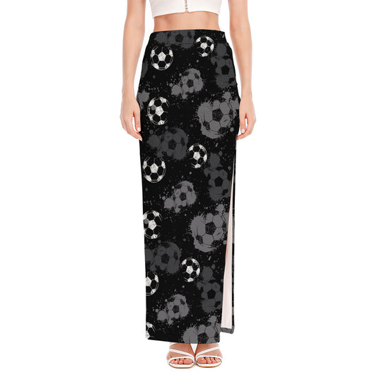 Grunge Soccer Ball Pattern Print High Slit Maxi Skirt