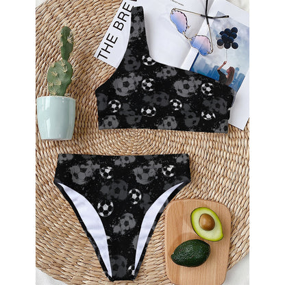 Grunge Soccer Ball Pattern Print One Shoulder Bikini Top