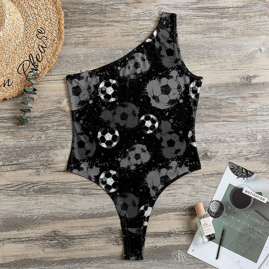 Grunge Soccer Ball Pattern Print One Shoulder Bodysuit