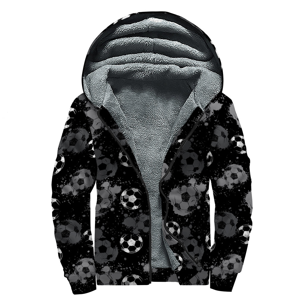 Grunge Soccer Ball Pattern Print Sherpa Lined Zip Up Hoodie