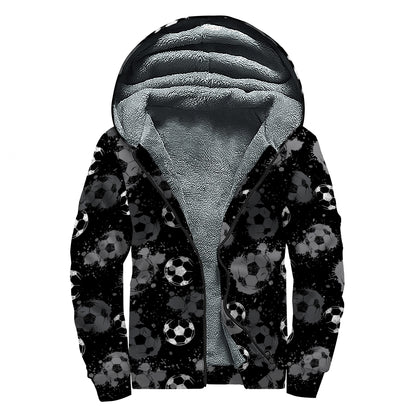 Grunge Soccer Ball Pattern Print Sherpa Lined Zip Up Hoodie