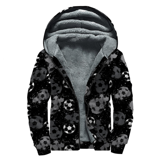 Grunge Soccer Ball Pattern Print Sherpa Lined Zip Up Hoodie
