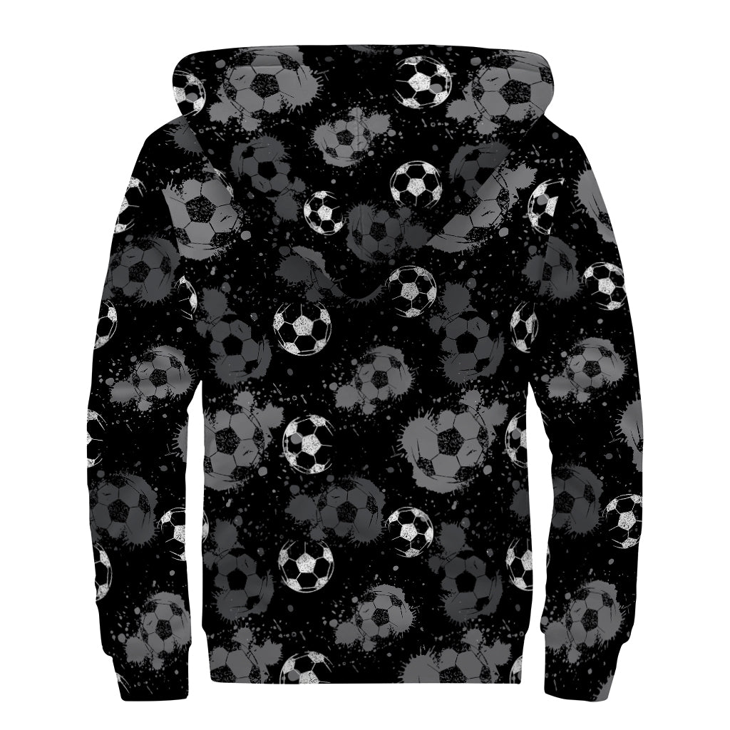 Grunge Soccer Ball Pattern Print Sherpa Lined Zip Up Hoodie