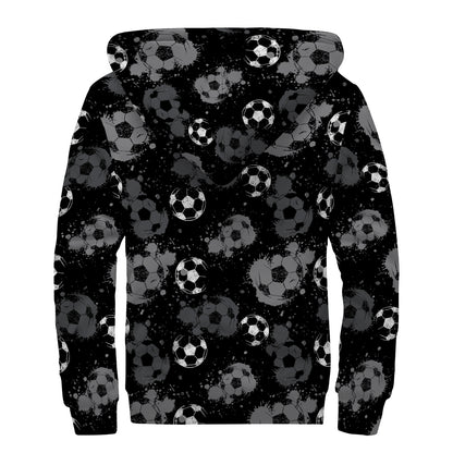 Grunge Soccer Ball Pattern Print Sherpa Lined Zip Up Hoodie
