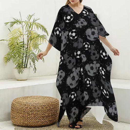 Grunge Soccer Ball Pattern Print Silk V-Neck Kaftan Dress