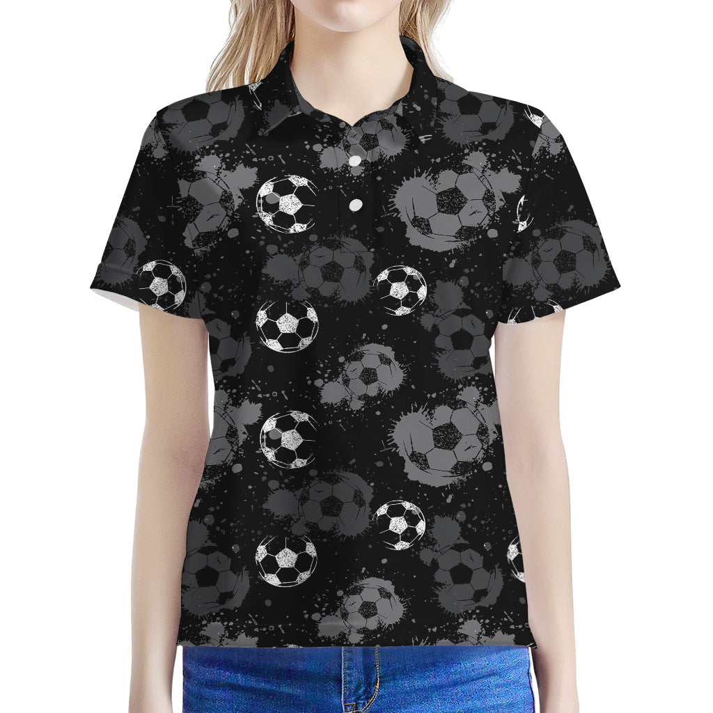 Grunge Soccer Ball Pattern Print Women's Polo Shirt