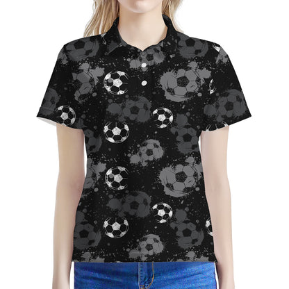 Grunge Soccer Ball Pattern Print Women's Polo Shirt