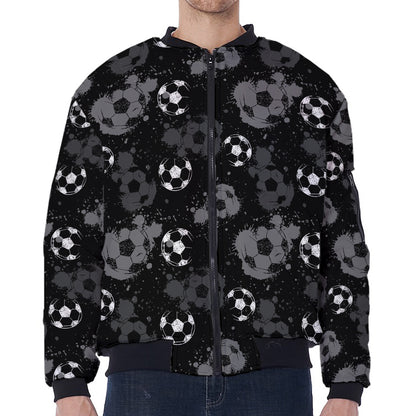 Grunge Soccer Ball Pattern Print Zip Sleeve Bomber Jacket