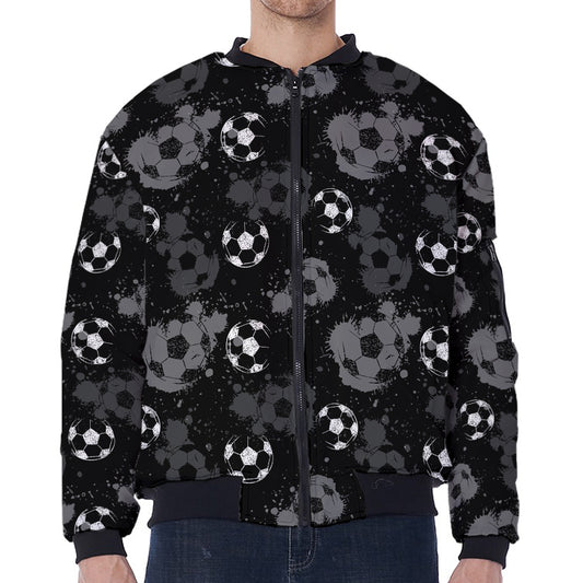 Grunge Soccer Ball Pattern Print Zip Sleeve Bomber Jacket