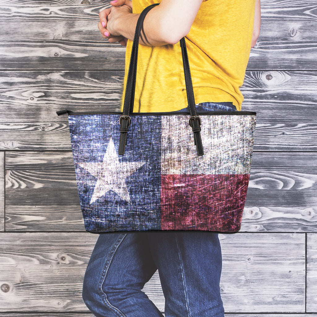 Grunge Texas Flag Print Leather Tote Bag